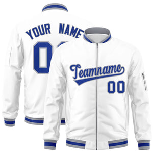 Custom White Royal-Gray Varsity Full-Zip Letterman Bomber Jacket