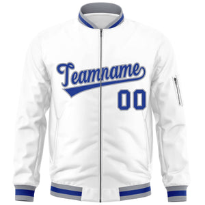 Custom White Royal-Gray Varsity Full-Zip Letterman Bomber Jacket