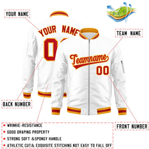 Custom White Red-Gold Varsity Full-Zip Letterman Bomber Jacket