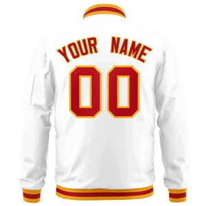 Custom White Red-Gold Varsity Full-Zip Letterman Bomber Jacket