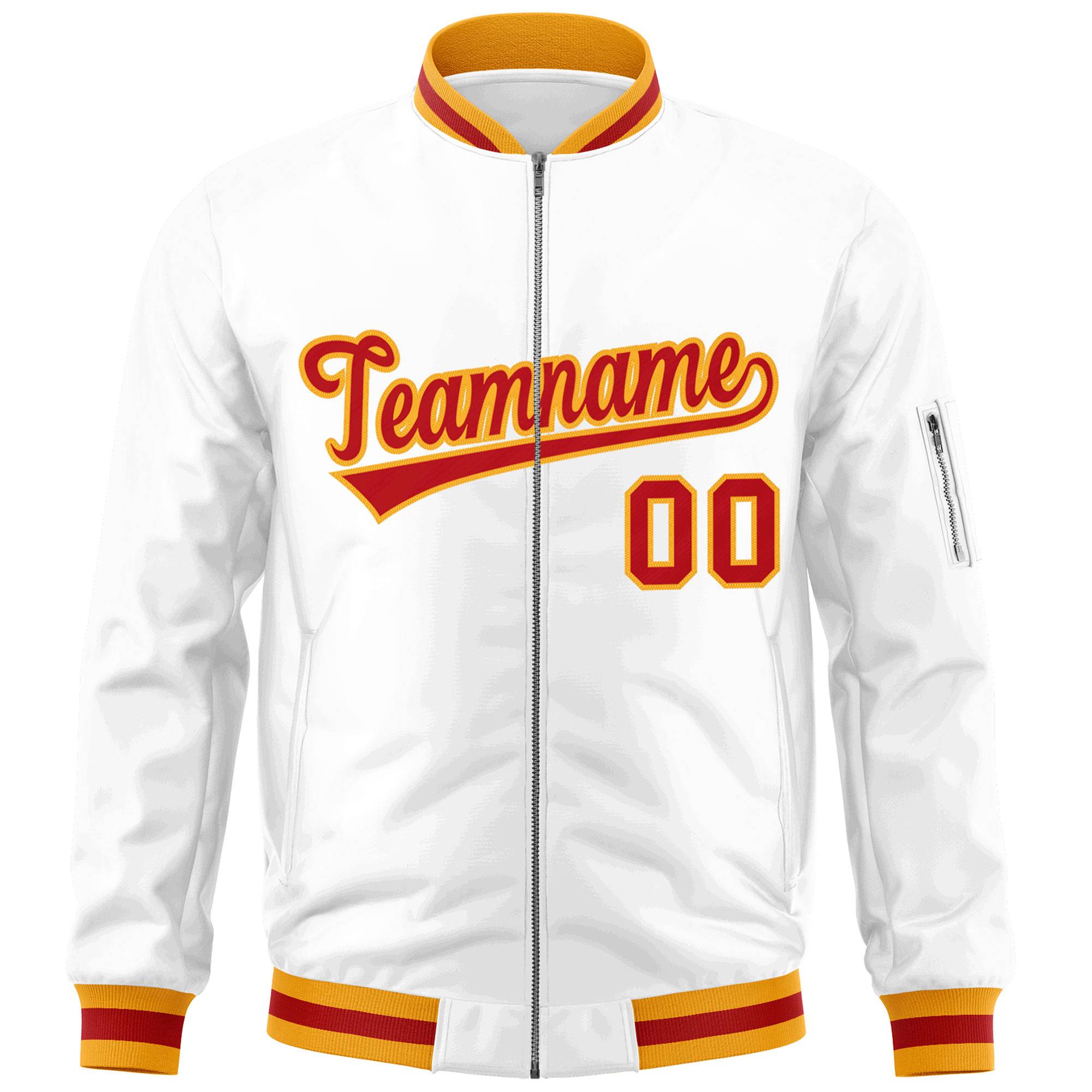 Custom White Red-Gold Varsity Full-Zip Letterman Bomber Jacket