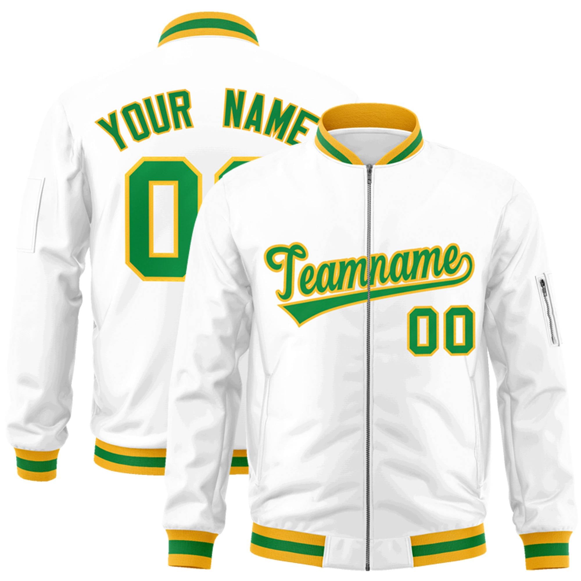 Custom White Kelly Green-Gold Varsity Full-Zip Letterman Bomber Jacket