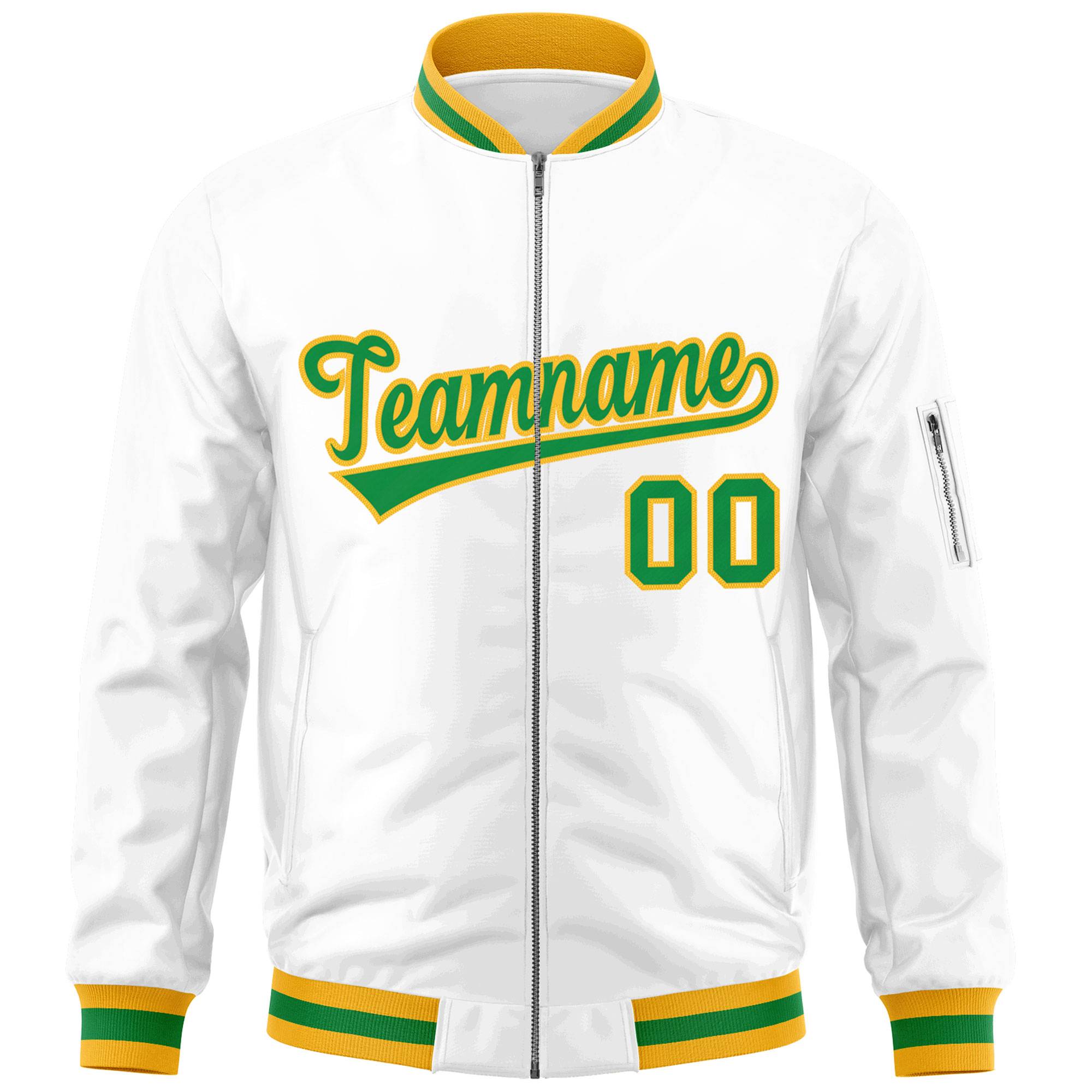 Custom White Kelly Green-Gold Varsity Full-Zip Letterman Bomber Jacket