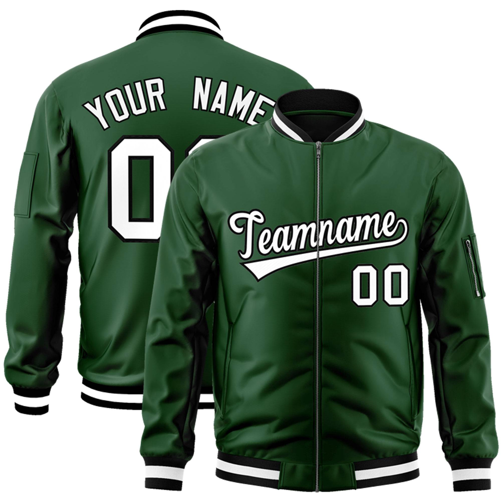 Custom Green White-Black Varsity Full-Zip Letterman Bomber Jacket