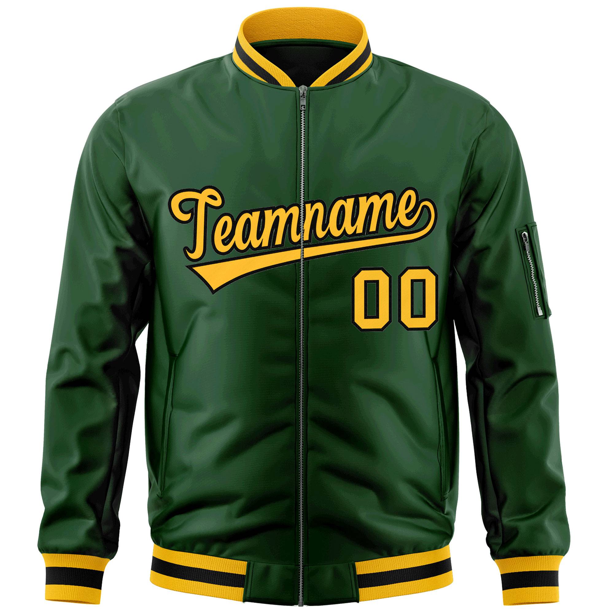 Custom Green Gold-Black Varsity Full-Zip Letterman Bomber Jacket