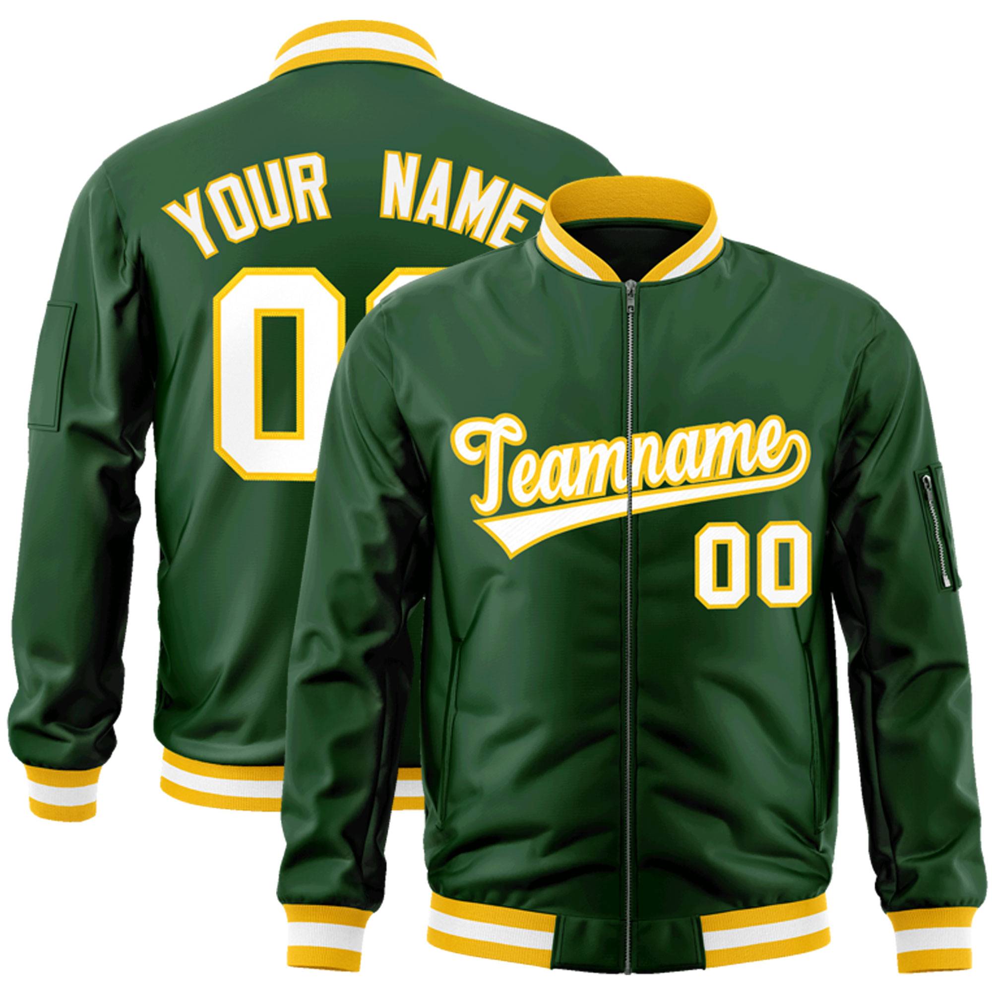 Custom Green White-Gold Varsity Full-Zip Letterman Bomber Jacket