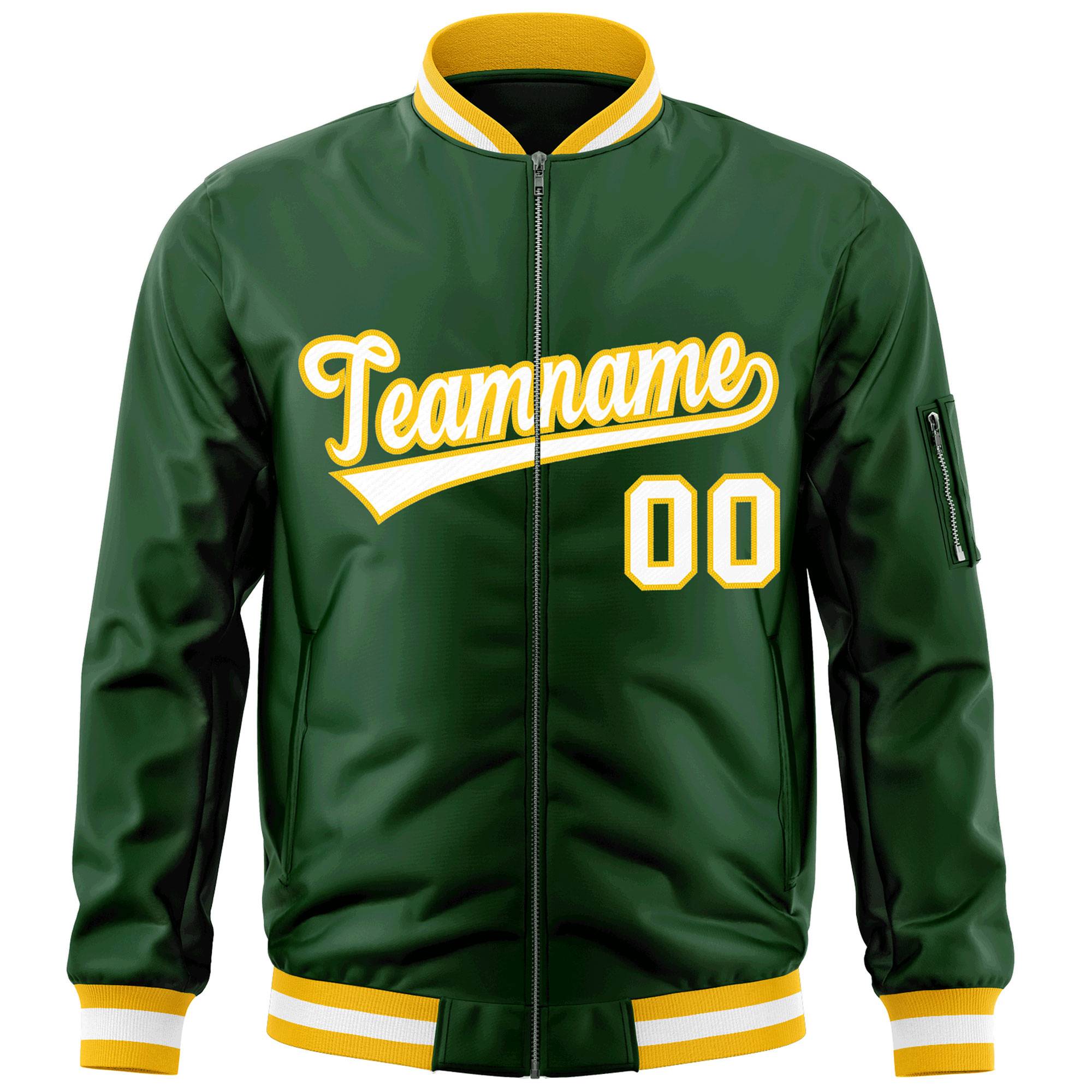 Custom Green White-Gold Varsity Full-Zip Letterman Bomber Jacket