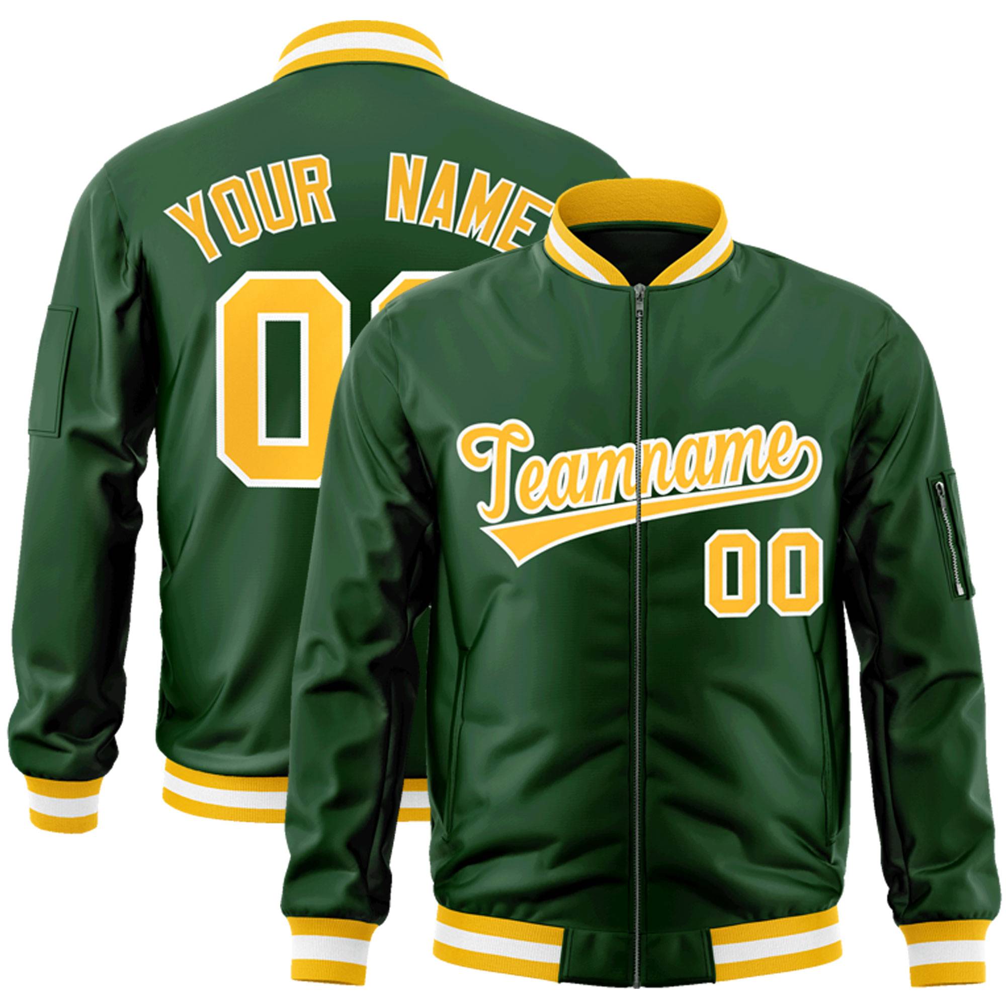 Custom Green Gold-White Varsity Full-Zip Letterman Bomber Jacket