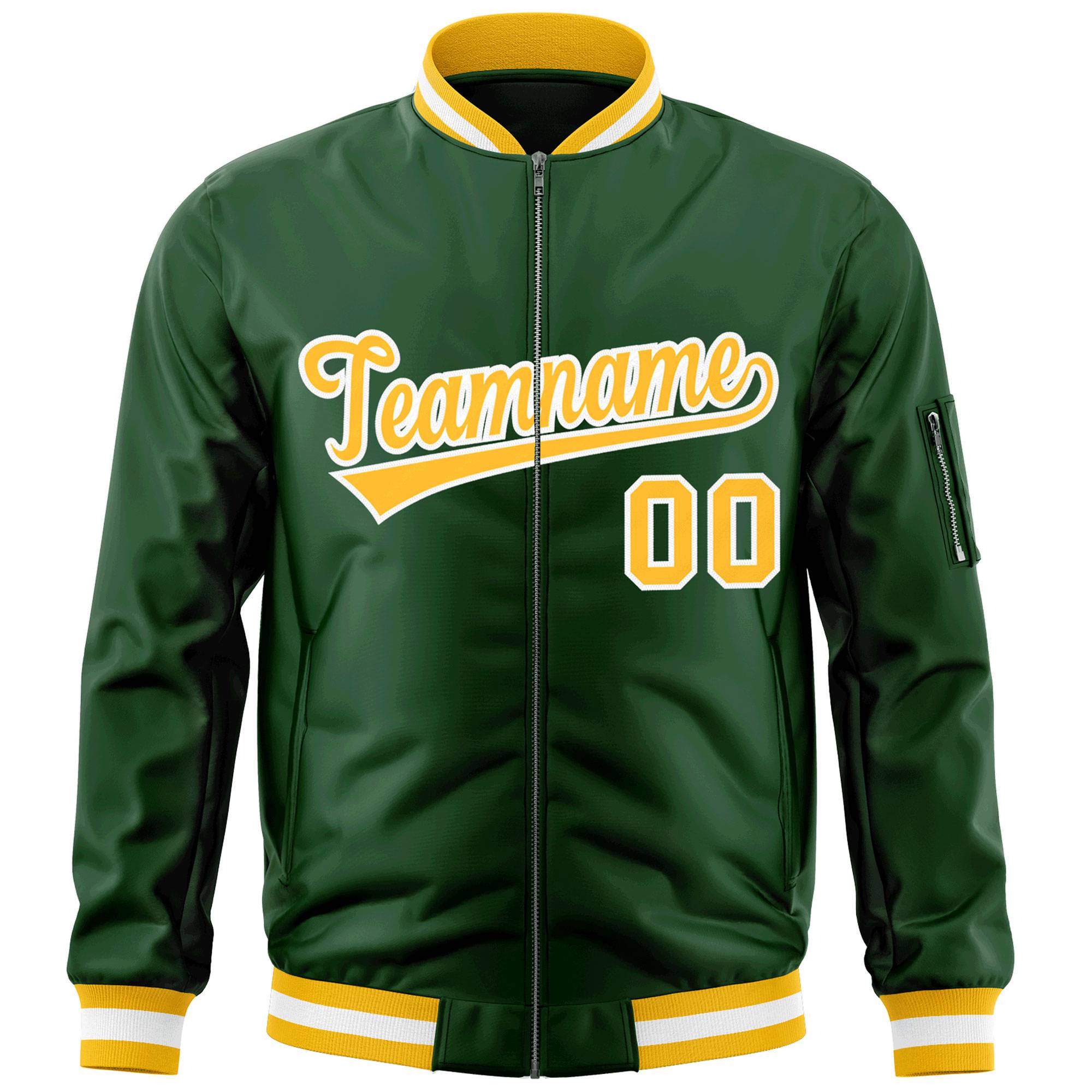 Custom Green Gold-White Varsity Full-Zip Letterman Bomber Jacket