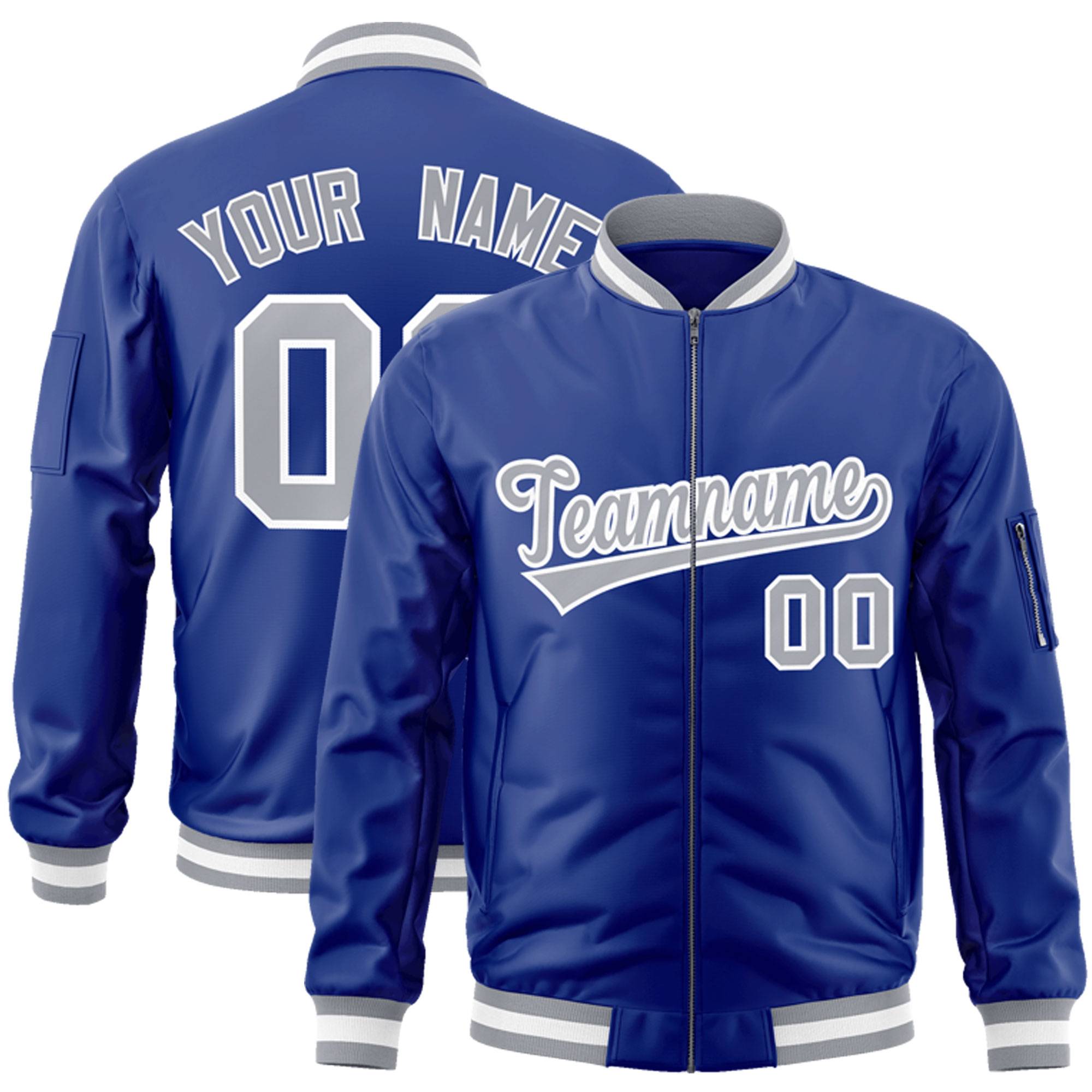 Custom Royal Gray-White Varsity Full-Zip Letterman Bomber Jacket