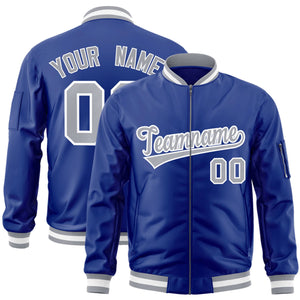 Custom Royal Gray-White Varsity Full-Zip Letterman Bomber Jacket