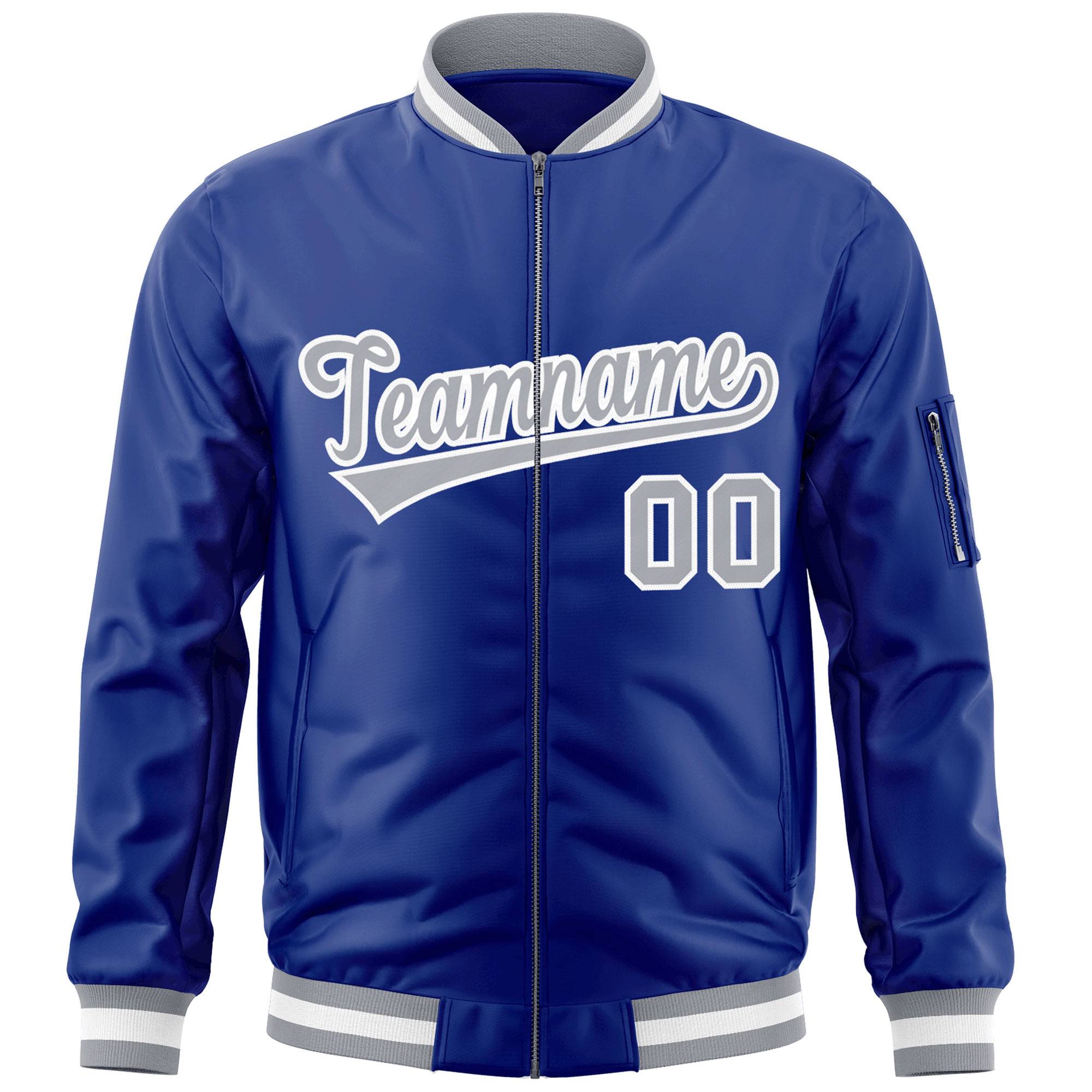 Custom Royal Gray-White Varsity Full-Zip Letterman Bomber Jacket