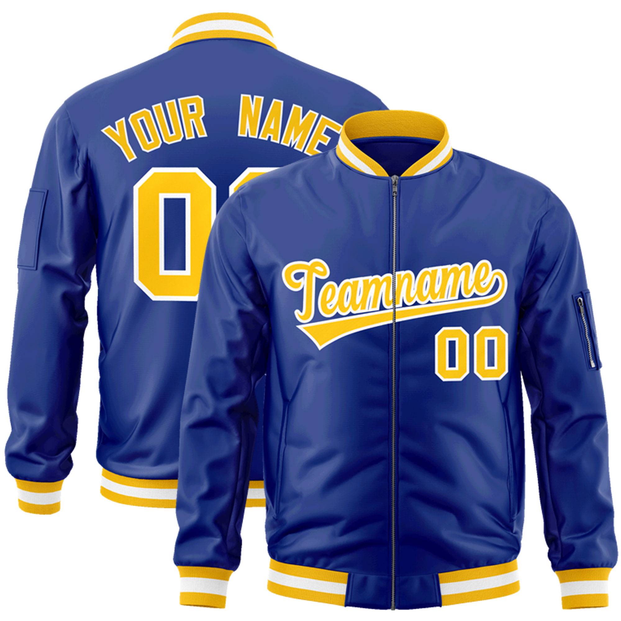 Custom Royal Gold-White Varsity Full-Zip Letterman Bomber Jacket