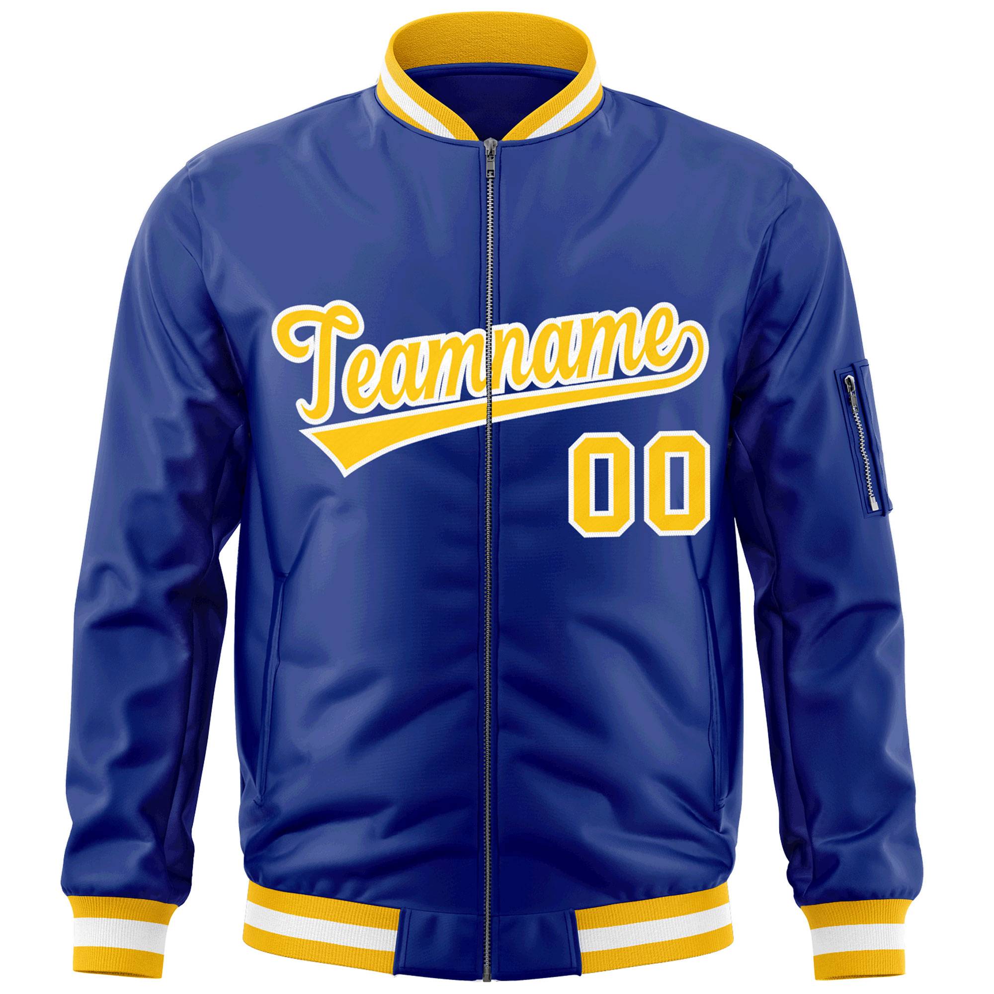 Custom Royal Gold-White Varsity Full-Zip Letterman Bomber Jacket