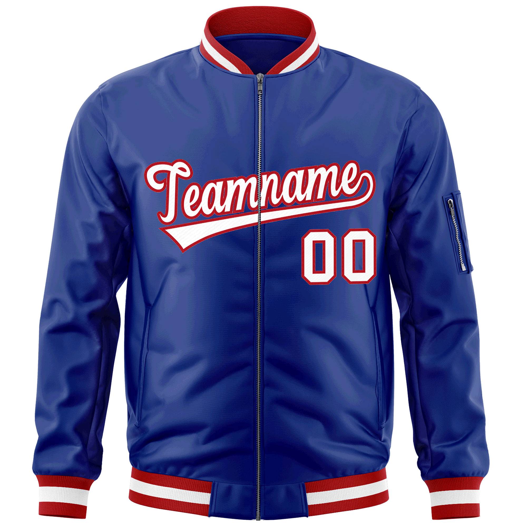 Custom Royal White-Red Varsity Full-Zip Letterman Bomber Jacket