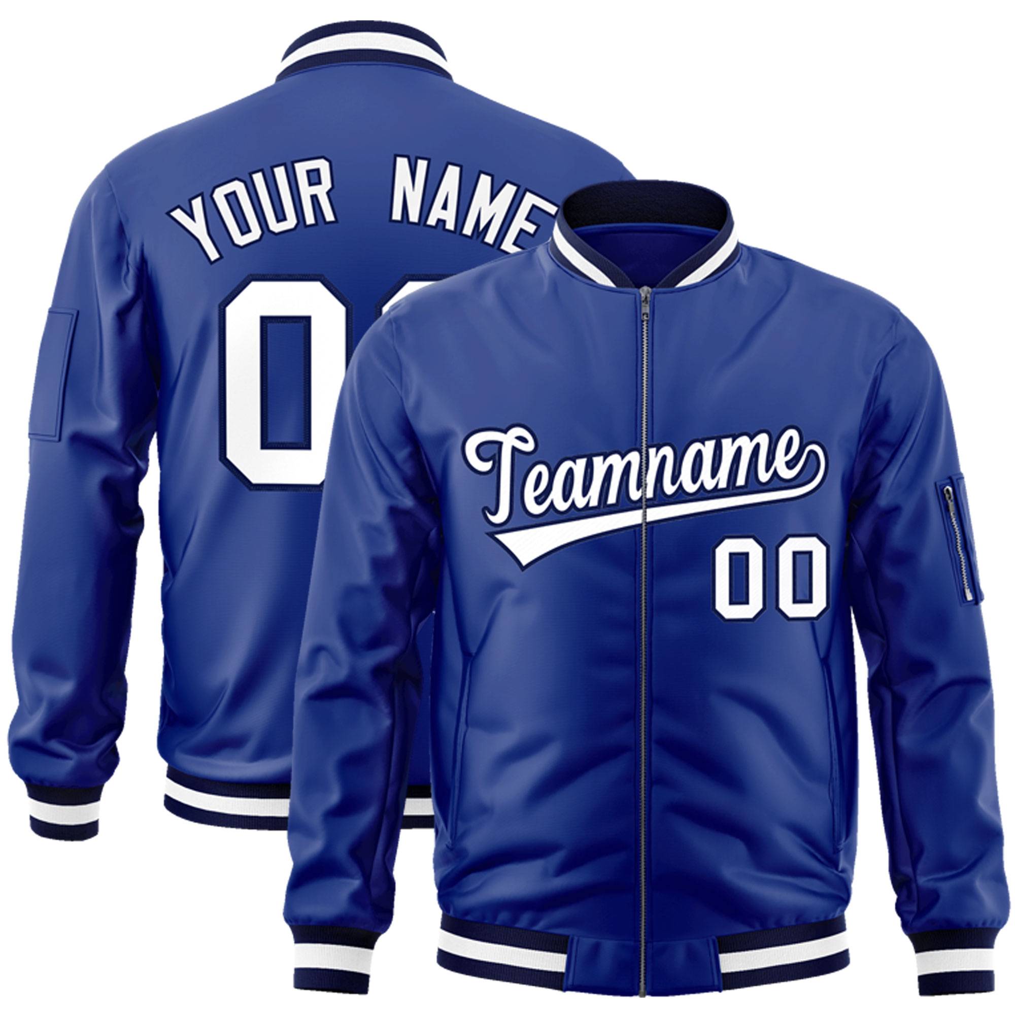 Custom Royal White-Navy Varsity Full-Zip Letterman Bomber Jacket