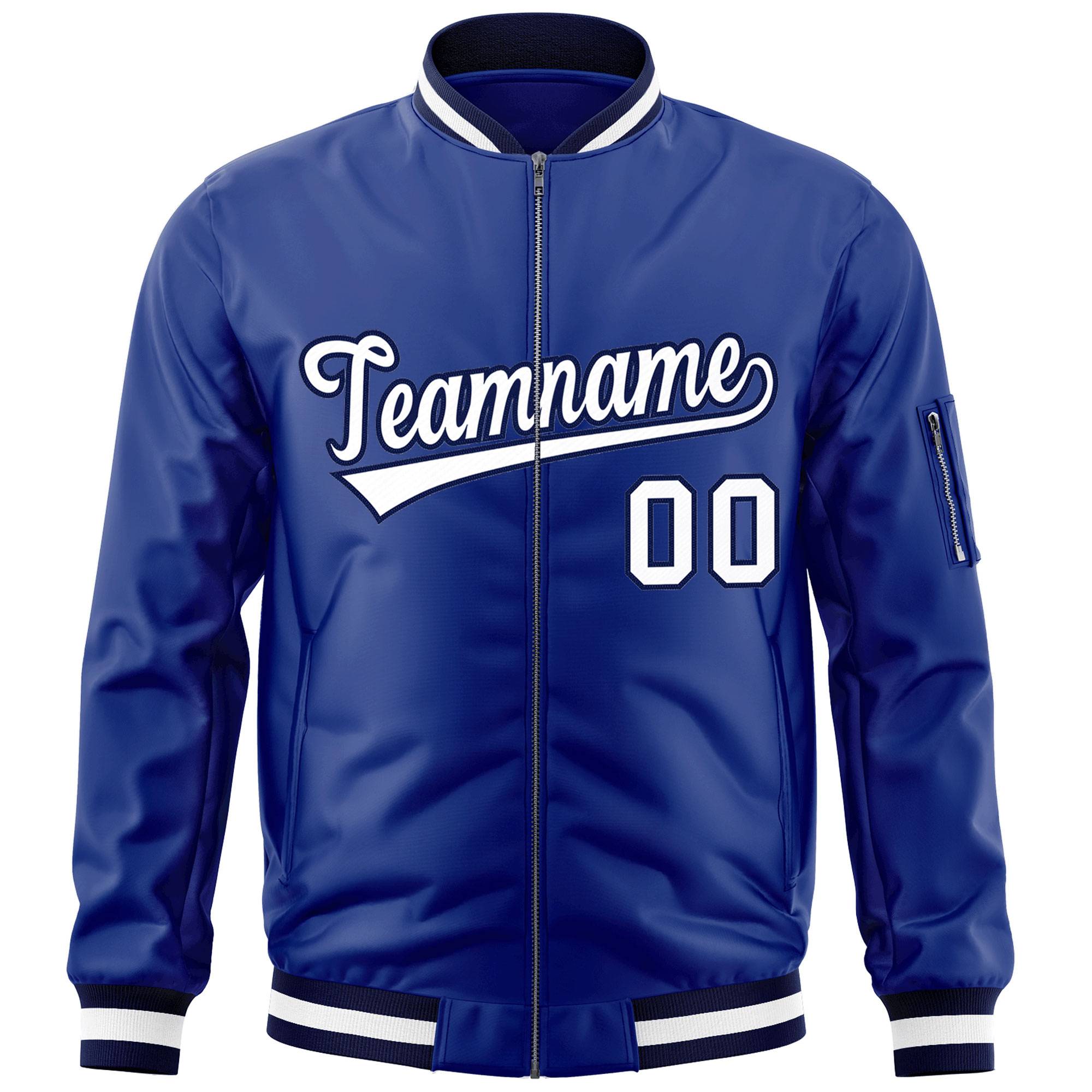 Custom Royal White-Navy Varsity Full-Zip Letterman Bomber Jacket