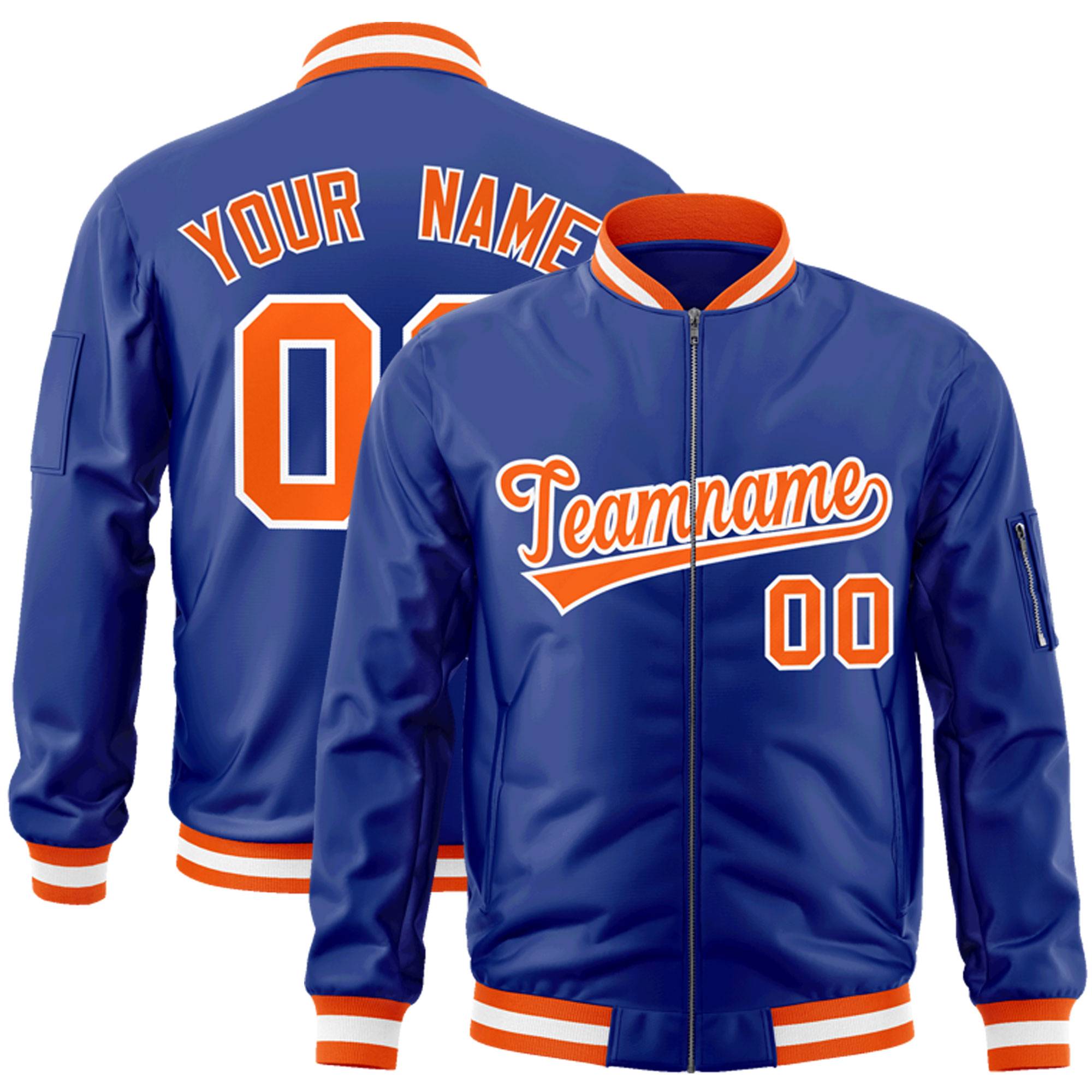 Custom Royal Orange-White Varsity Full-Zip Letterman Bomber Jacket