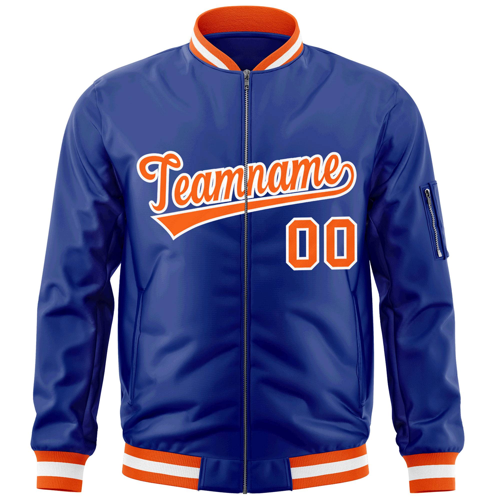 Custom Royal Orange-White Varsity Full-Zip Letterman Bomber Jacket