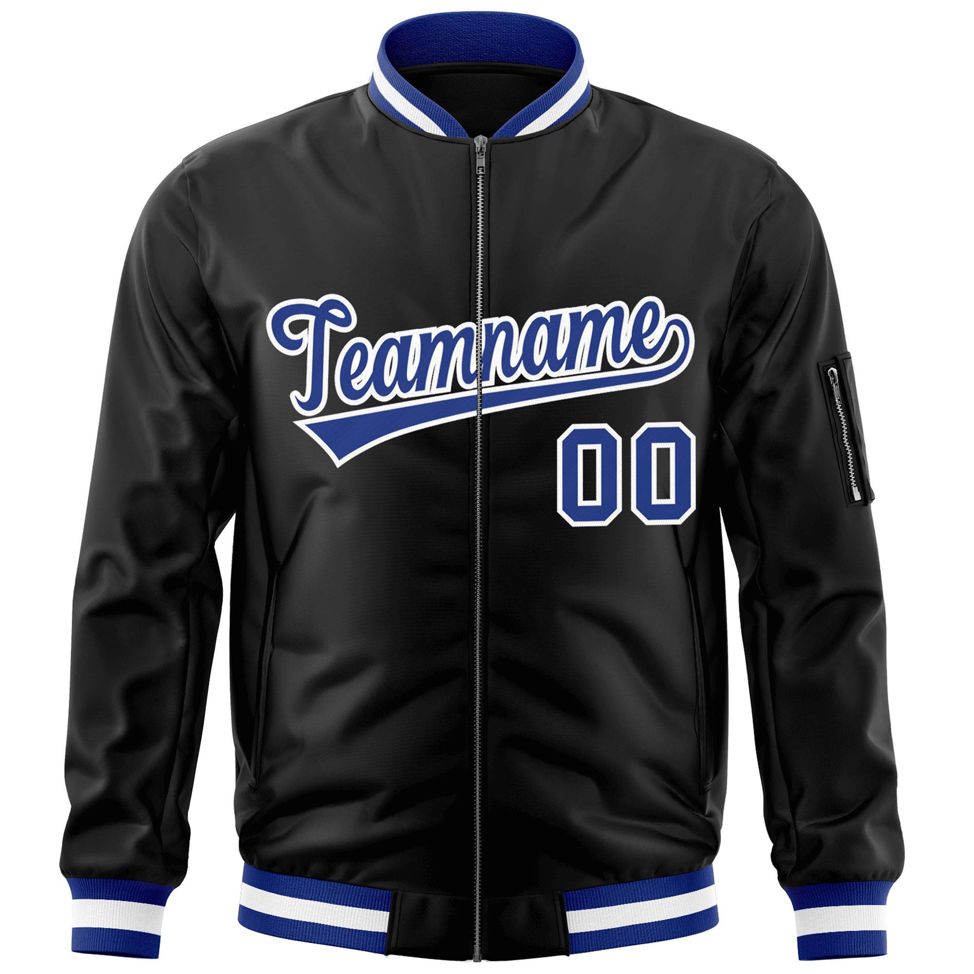 Custom Black Royal-White Varsity Full-Zip Letterman Bomber Jacket