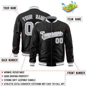 Custom Black Gray-White Varsity Full-Zip Letterman Bomber Jacket