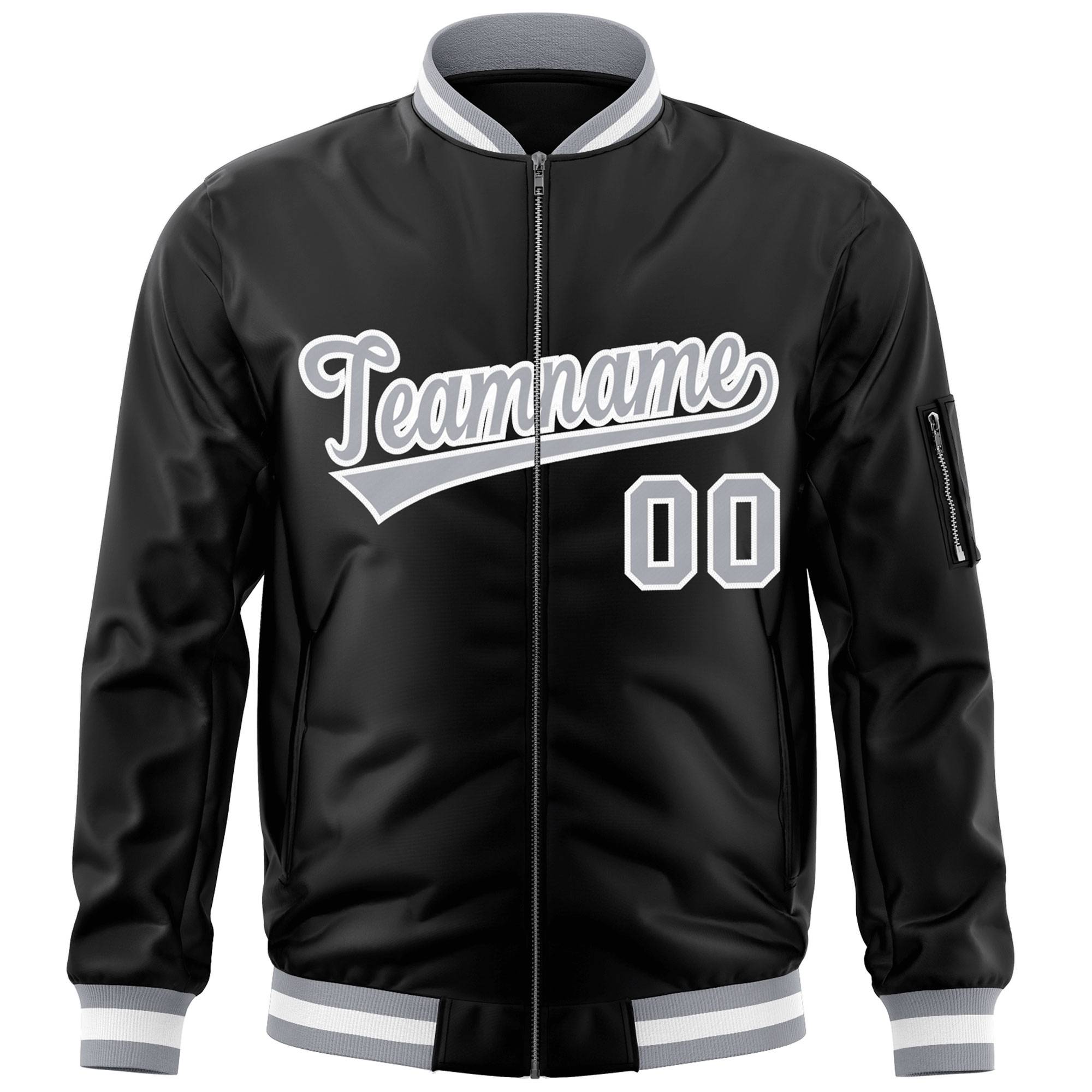 Custom Black Gray-White Varsity Full-Zip Letterman Bomber Jacket