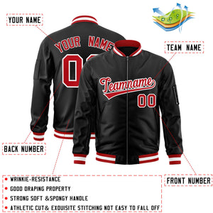 Custom Black Red-White Varsity Full-Zip Letterman Bomber Jacket