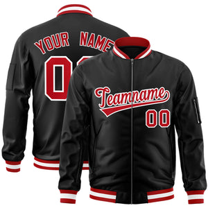 Custom Black Red-White Varsity Full-Zip Letterman Bomber Jacket