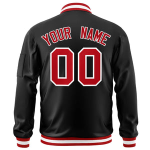 Custom Black Red-White Varsity Full-Zip Letterman Bomber Jacket