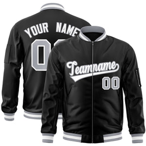 Custom Black White-Gray Varsity Full-Zip Letterman Bomber Jacket