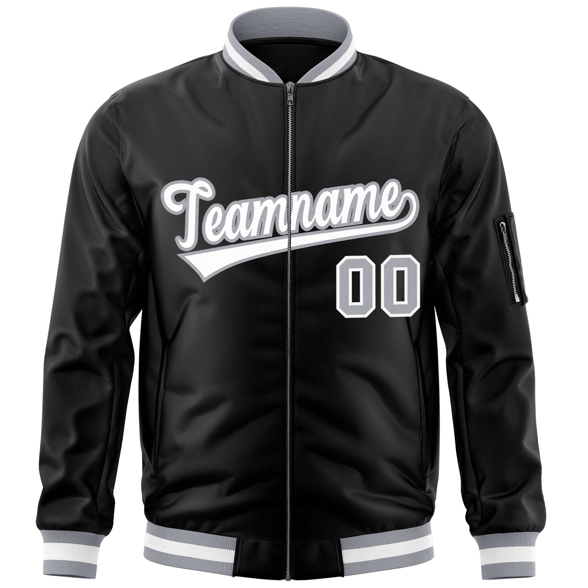 Custom Black White-Gray Varsity Full-Zip Letterman Bomber Jacket