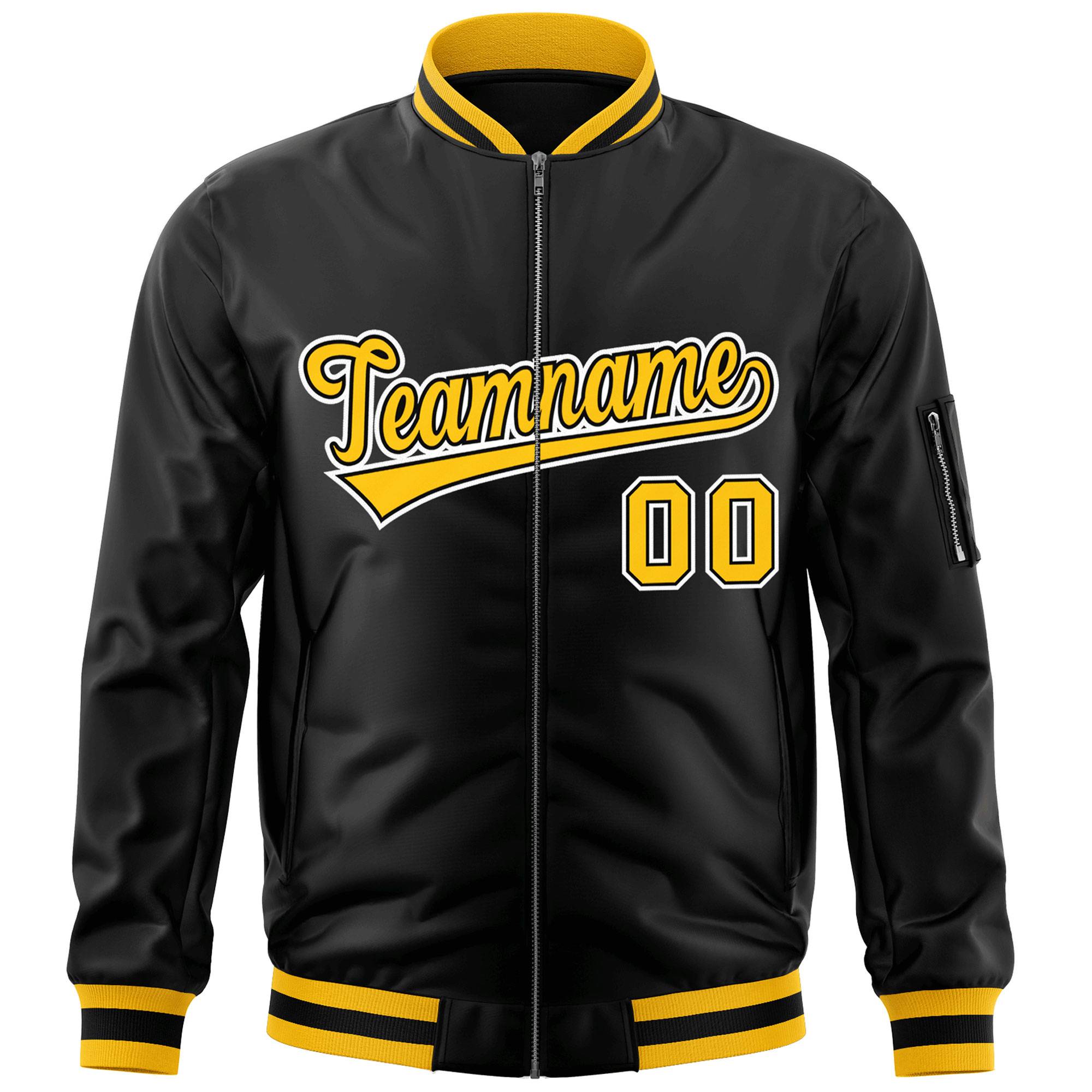 Custom Black Gold-White Varsity Full-Zip Letterman Bomber Jacket