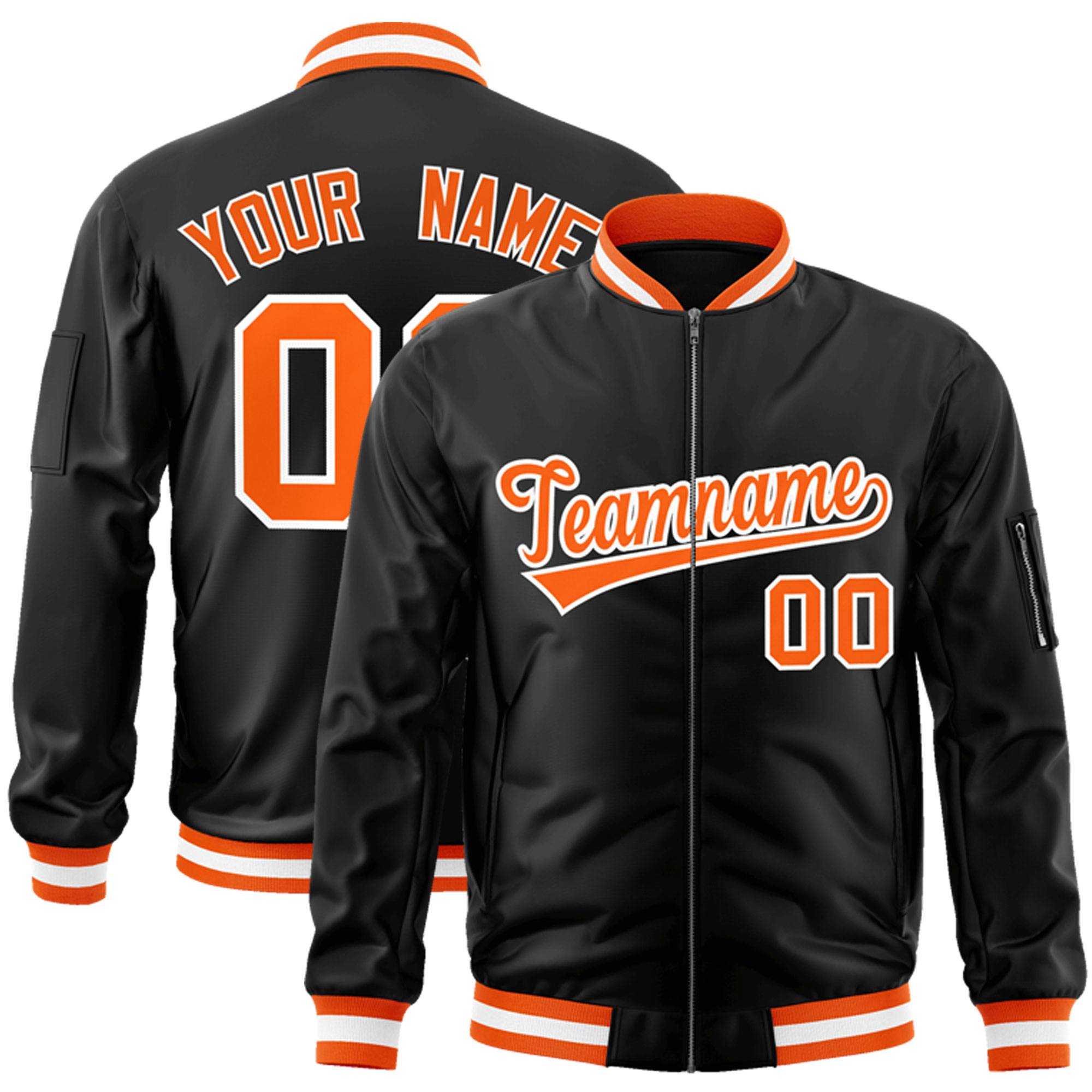 Custom Black Orange-White Varsity Full-Zip Letterman Bomber Jacket