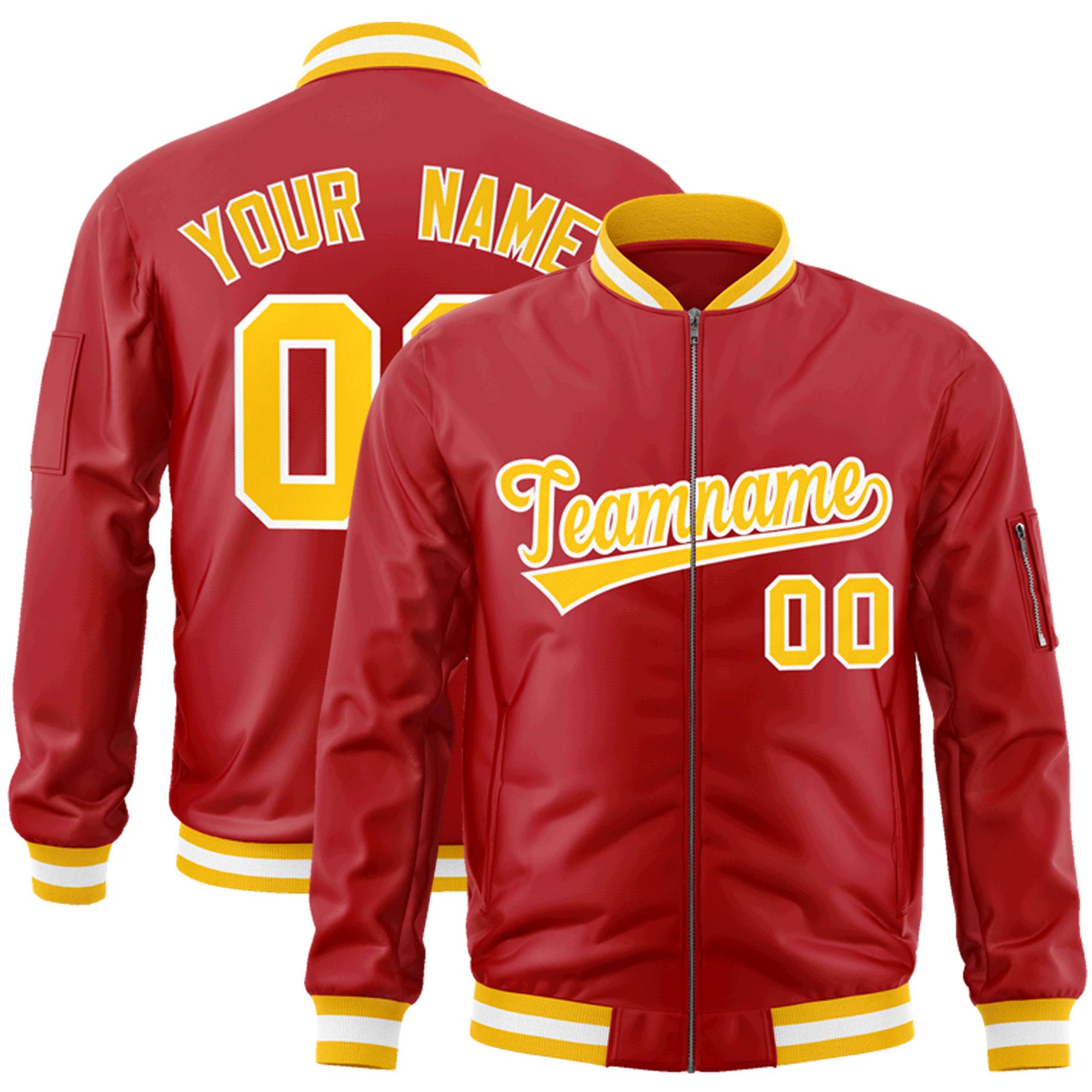 Custom Red Gold-White Varsity Full-Zip Letterman Bomber Jacket