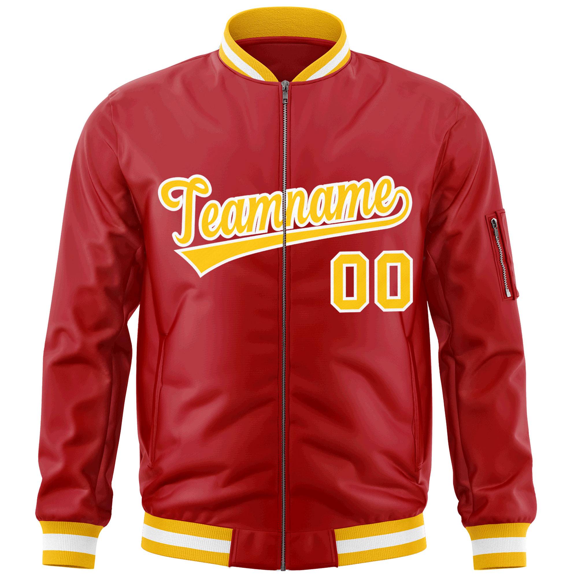 Custom Red Gold-White Varsity Full-Zip Letterman Bomber Jacket