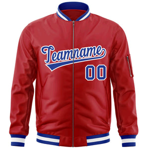 Custom Red Royal-White Varsity Full-Zip Letterman Bomber Jacket