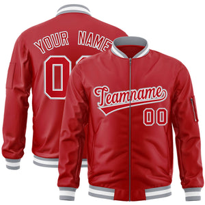 Custom Red White-Gray Varsity Full-Zip Letterman Bomber Jacket