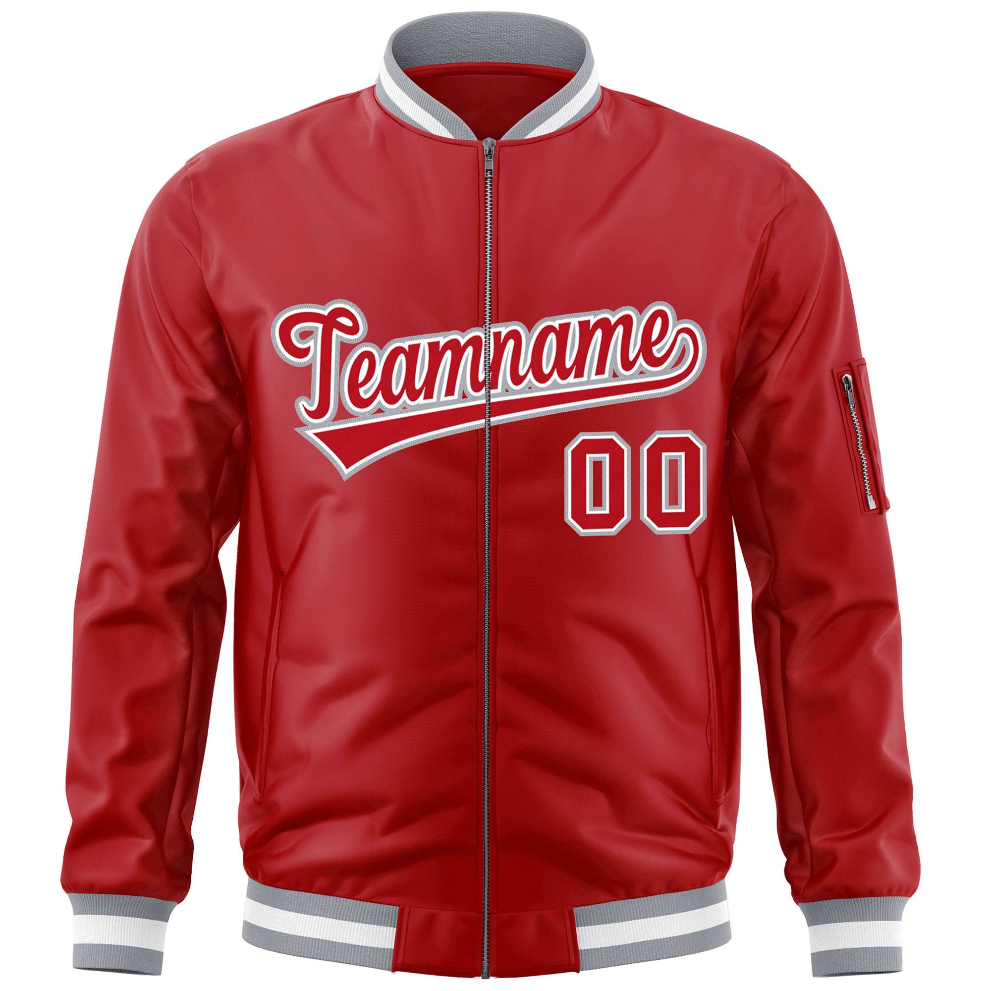 Custom Red White-Gray Varsity Full-Zip Letterman Bomber Jacket