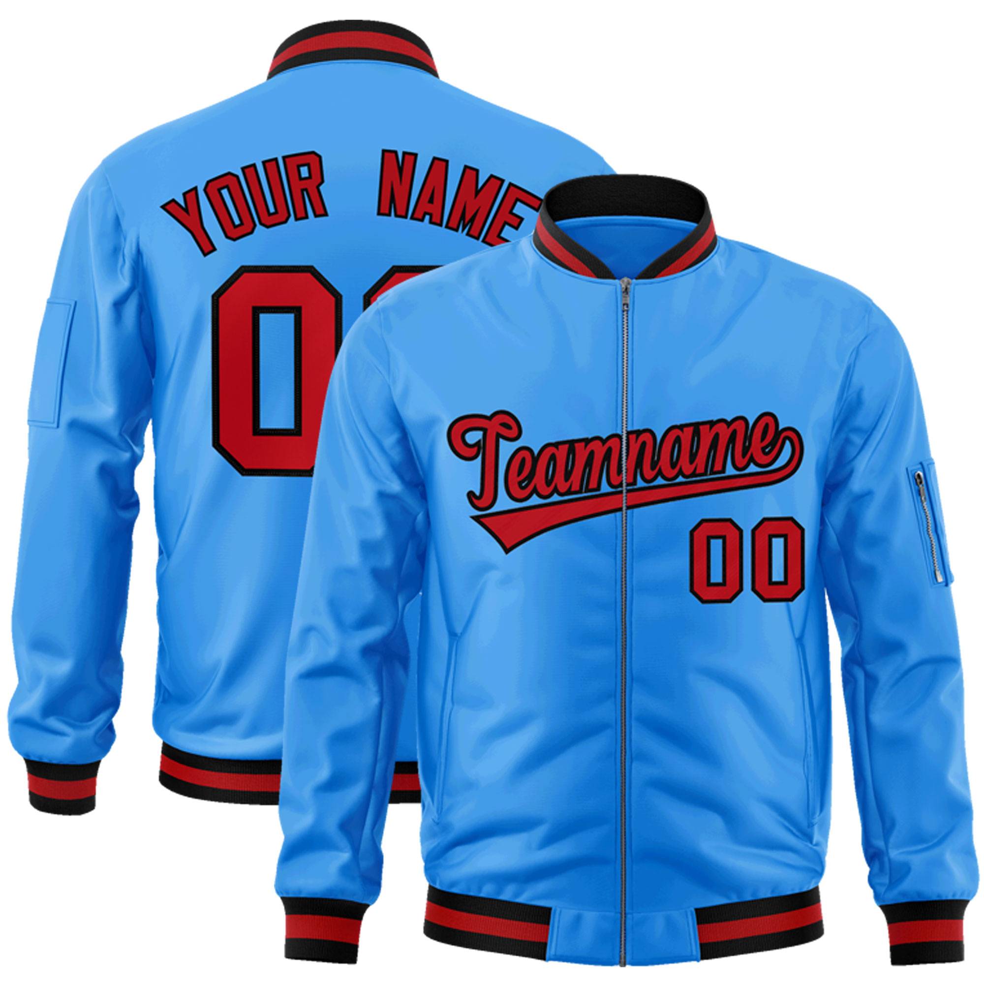 Custom Powder Blue Red-Black Varsity Full-Zip Letterman Bomber Jacket