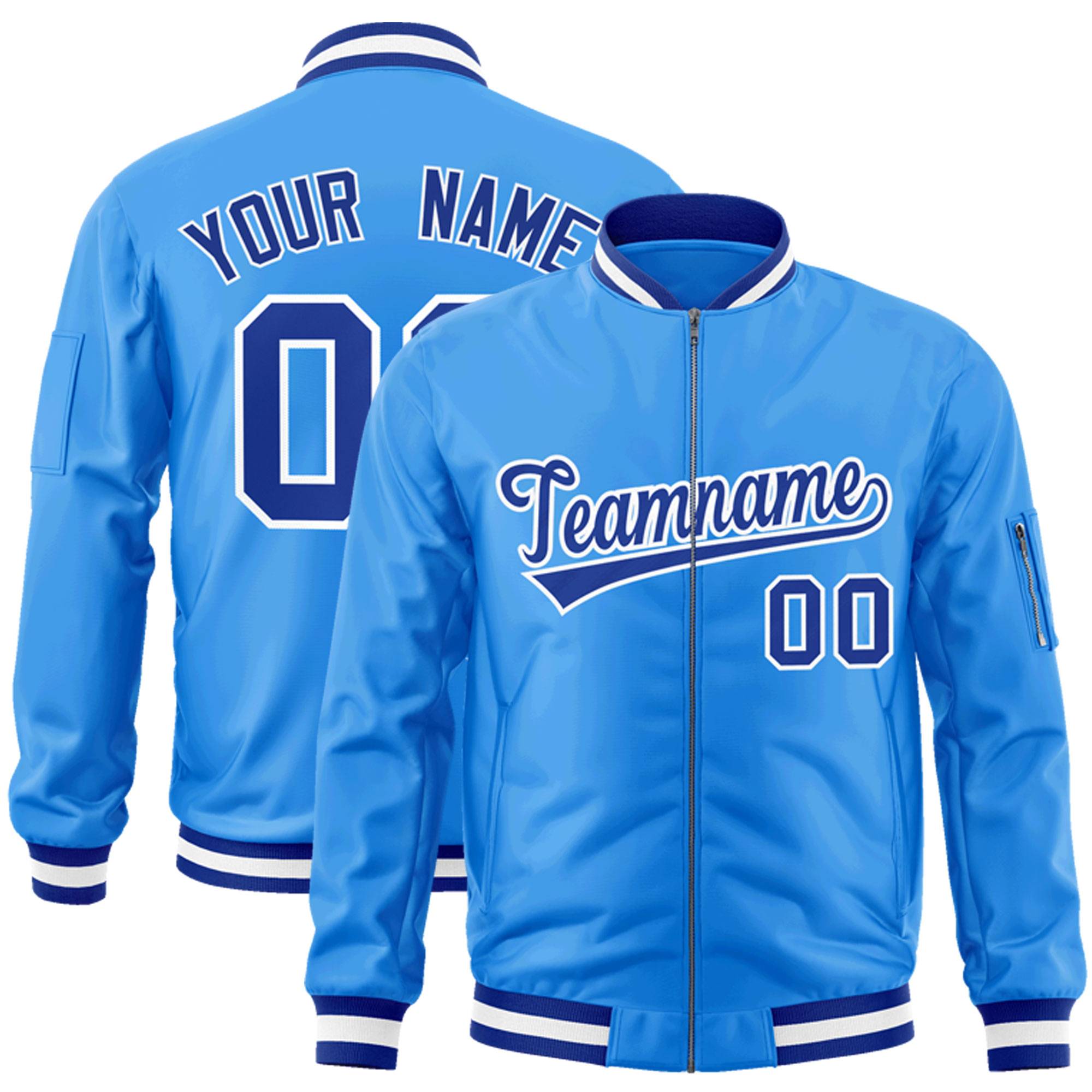 Custom Powder Blue Royal-White Varsity Full-Zip Letterman Bomber Jacket