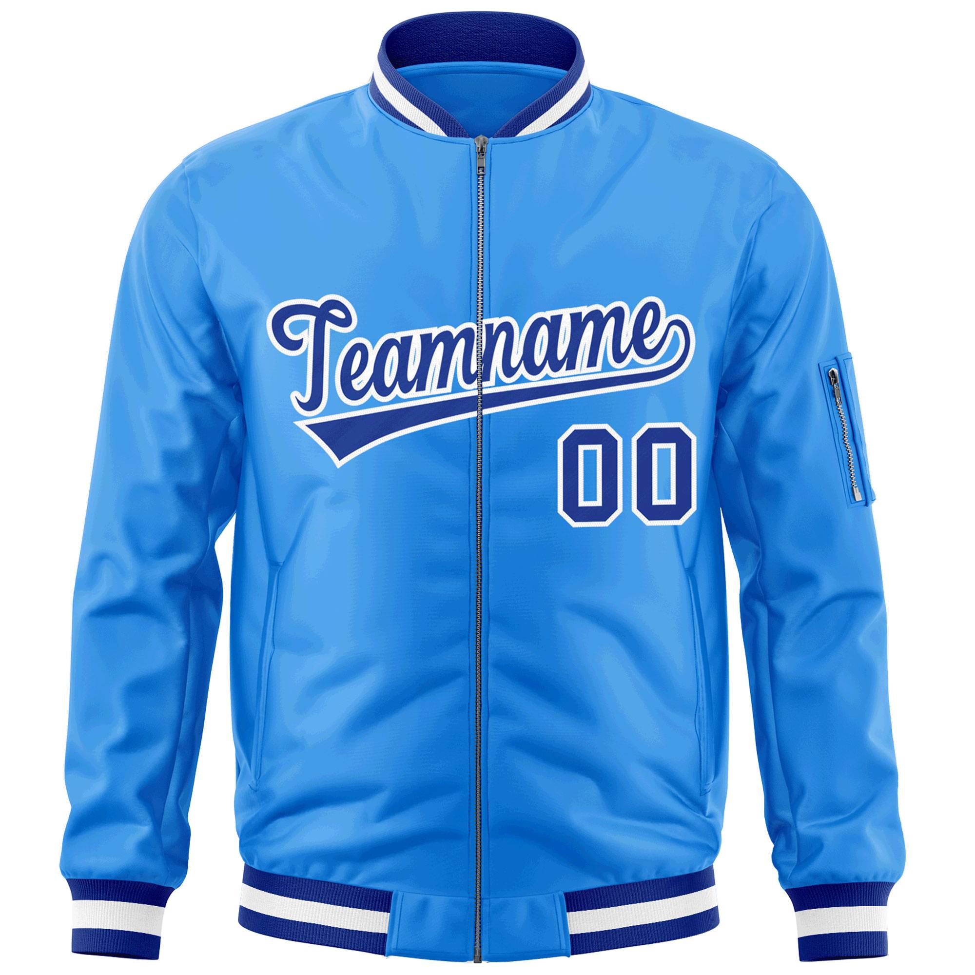 Custom Powder Blue Royal-White Varsity Full-Zip Letterman Bomber Jacket