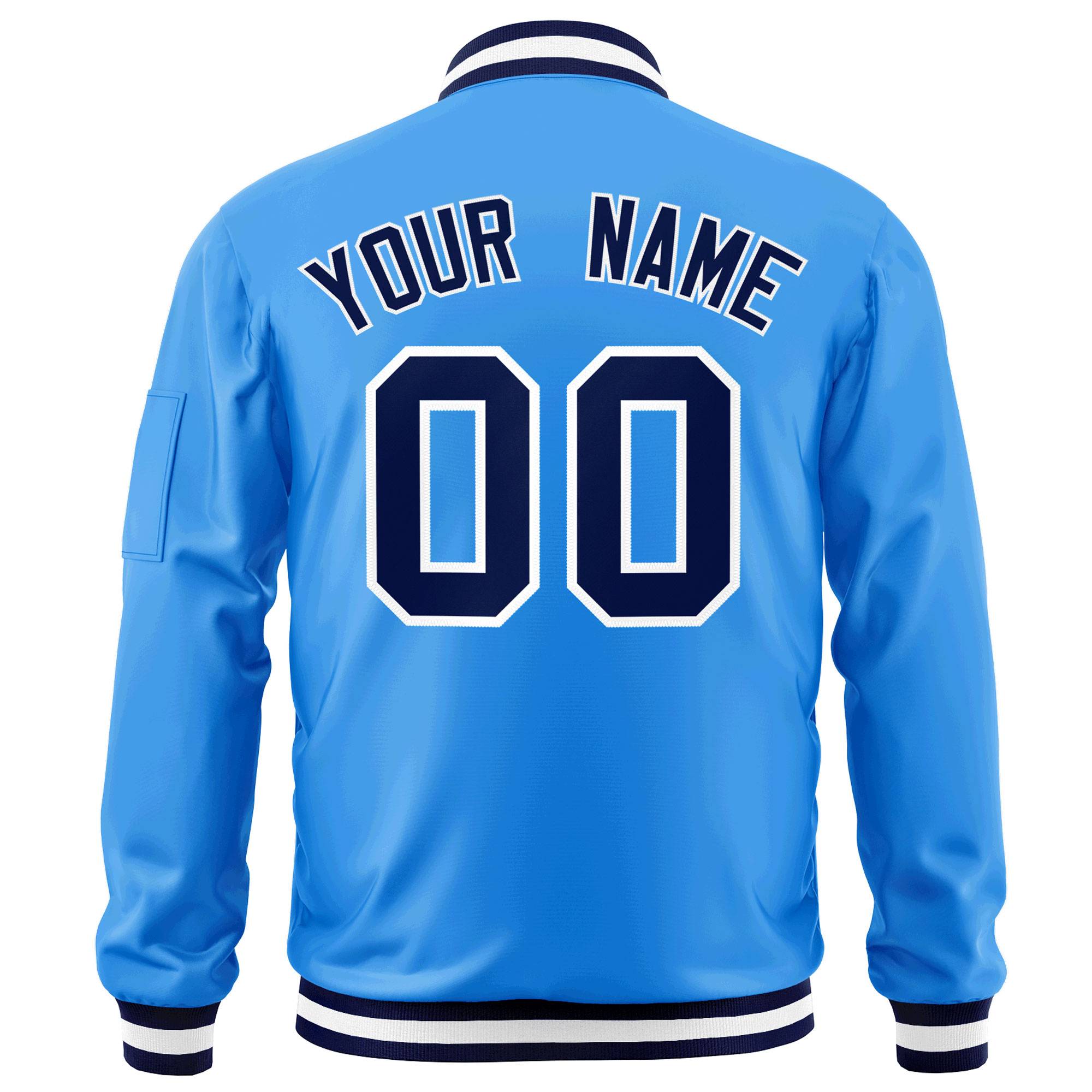 Custom Powder Blue Navy-White Varsity Full-Zip Letterman Bomber Jacket