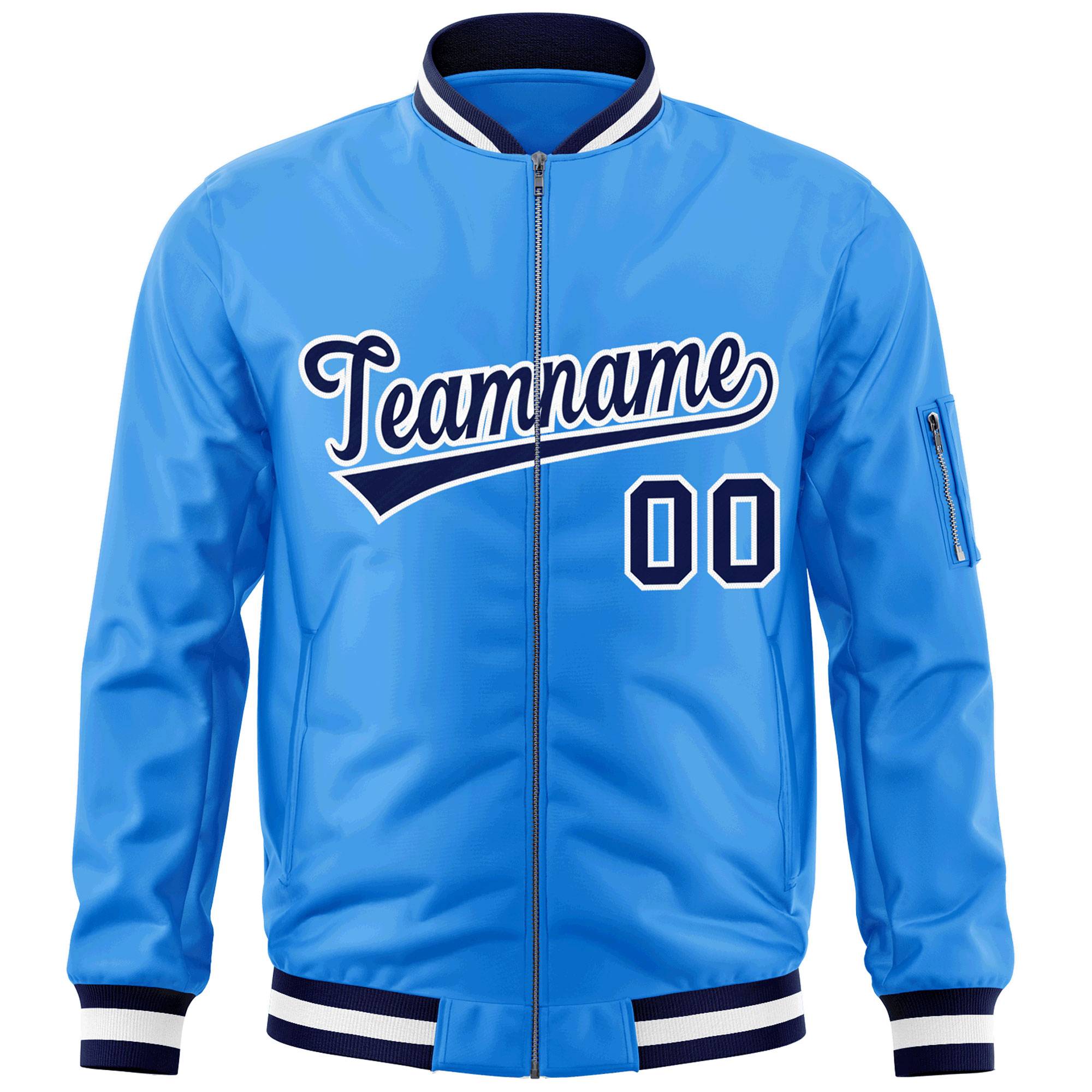 Custom Powder Blue Navy-White Varsity Full-Zip Letterman Bomber Jacket