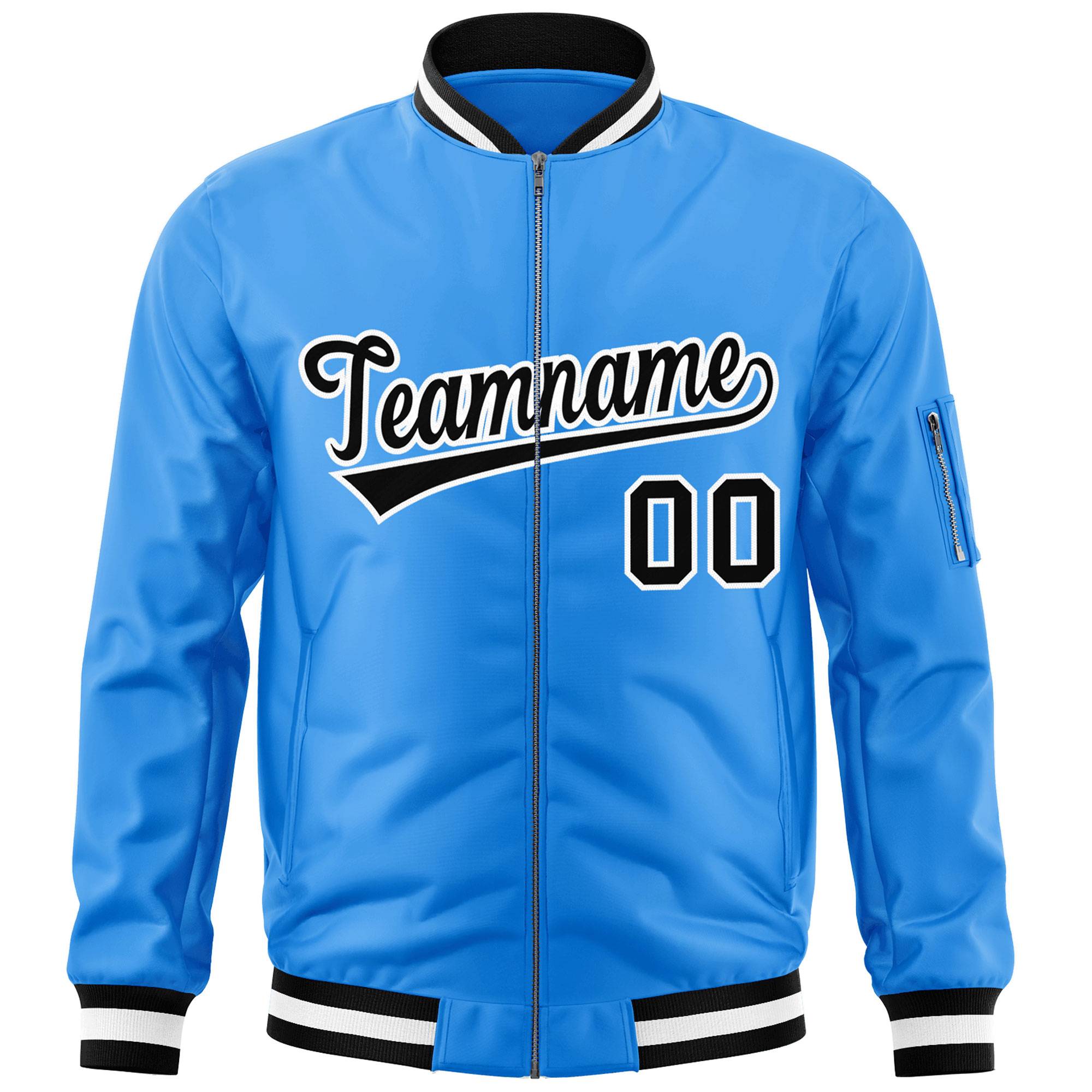 Custom Powder Blue Black-White Varsity Full-Zip Letterman Bomber Jacket