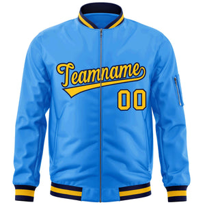 Custom Powder Blue Gold-Navy Varsity Full-Zip Letterman Bomber Jacket