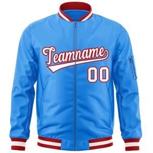 Custom Powder Blue White-Red Varsity Full-Zip Letterman Bomber Jacket