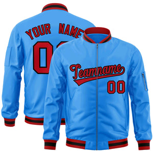 Custom Powder Blue Red-Black Varsity Full-Zip Letterman Bomber Jacket