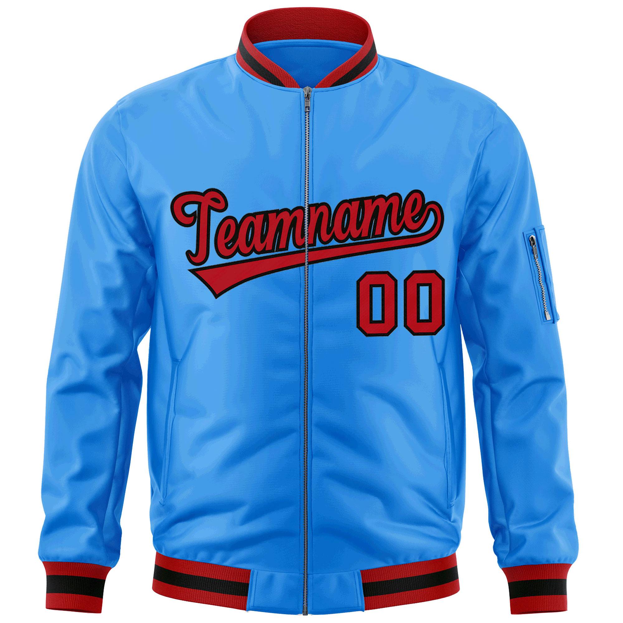 Custom Powder Blue Red-Black Varsity Full-Zip Letterman Bomber Jacket