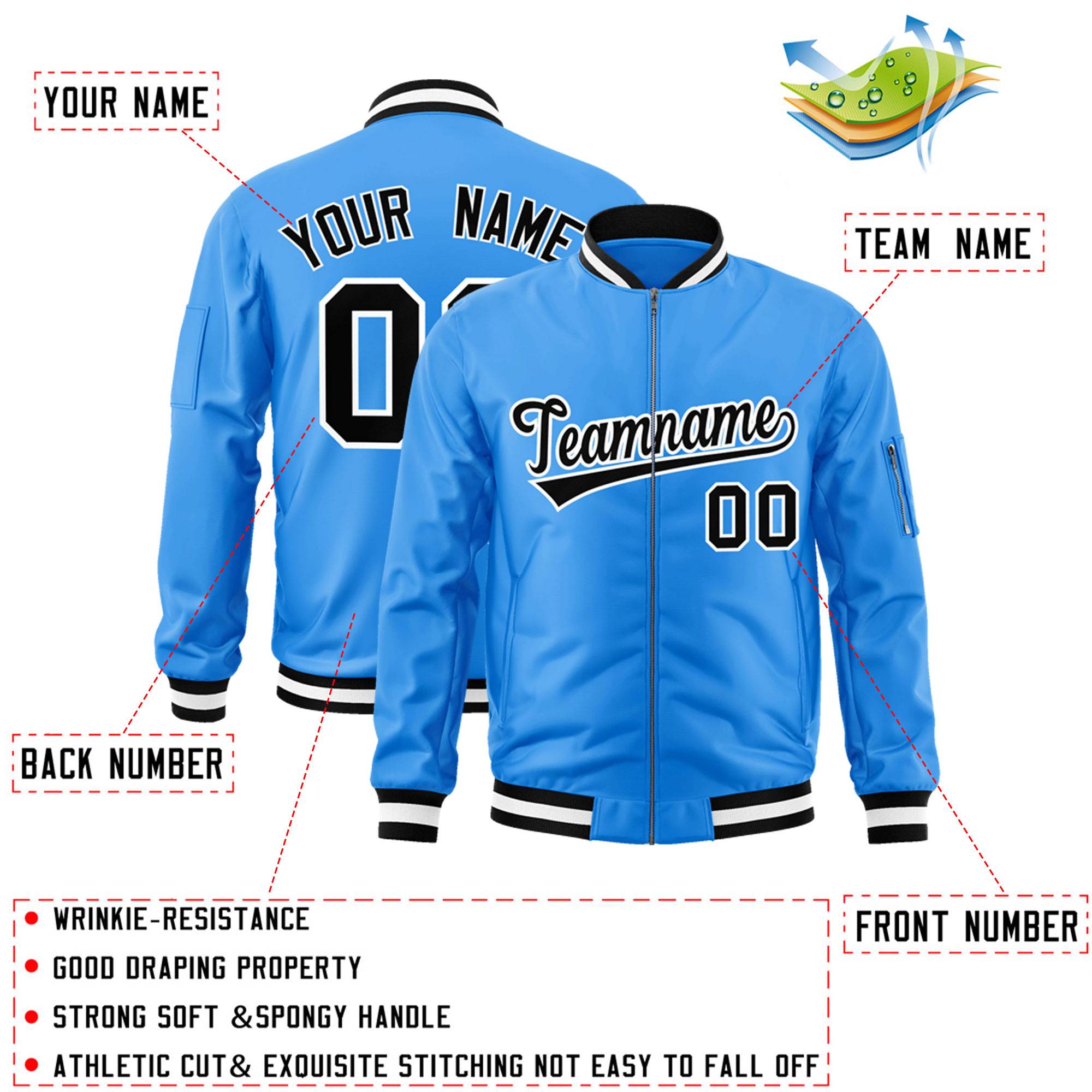 Custom Powder Blue Black-White Varsity Full-Zip Letterman Bomber Jacket