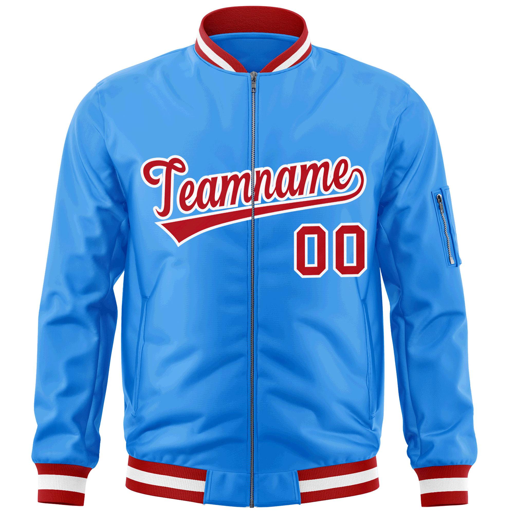 Custom Powder Blue Red-White Varsity Full-Zip Letterman Bomber Jacket